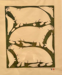 lot 188 image: Stone Cut Cape Dorset Art- Walrus & Seals by Jamasie