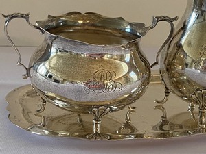 lot 73 image: Vintage Sterling Silver Tray and Cream and Sugar Set by Theodore B. Stark