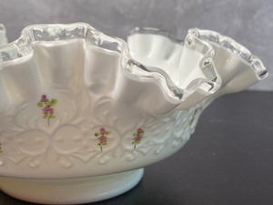 lot 113 image: Fenton Milk Glass Silver Crest Crimped Hand Painted Bowl