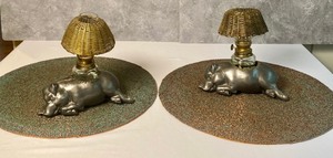 lot 120 image: Pair of Whimsical Pig Figurine Candle Holders and Placemats