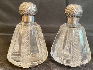 lot 161 image: Pair of Elegant Cut Glass Vanity Bottles w Sterling Tops