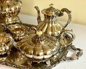 lot 382 image: Stunning English Silver over Copper Tea Service Set