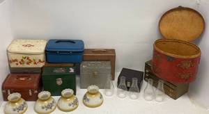 Group of Vintage glass lamp shades, Glass Flutes, tin storage boxes, Chinese leather bound trunk and more.