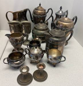 Two Sterling Silver Weighted Candle Holders And Silver Plated Items.&nbsp&nbsp