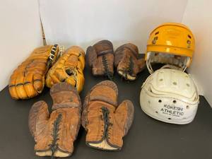 Vintage Sports Equipment Boxing And Hockey Gloves And Helmets