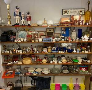 6 Large Shelves Full Of Vintage Household Items