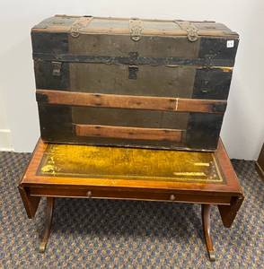 Small Vintage Domed Trunk and Small Leather Topped Folding Wing Table