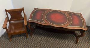 Vintage Ornate Leather Top Coffee Table and Vintage Wooden Childs Rocking Chair