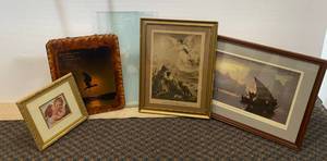 Group of misc. Framed Religious Pictures And Glass Shelves