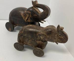 Group Of Vintage Folk Art Elephants Hand Carved