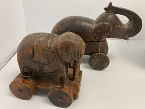 Group Of Vintage Folk Art Elephants Hand Carved