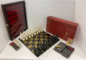 Group Consisting Of Chess Board, Darts and  Wooden Glass Door Zippo Lighter Display Case