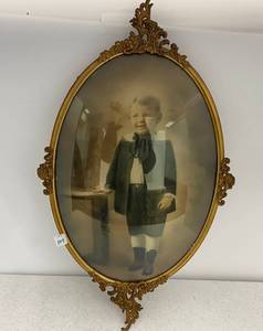 Vintage Ornate Oval Frame With Domed Glass and Hand-Colored Photograph Of A Boy