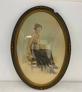 Vintage Ornate Oval Frame With Domed Glass and Hand-Colored Photograph Of A Woman.