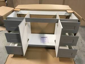lot 10 image: Hawthorne 60 in. W x 21-34 in. D Single Bowl Vanity Cabinet in Twilight Gray by Home Decorators Collection Customer Returns See Pictures
