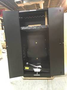 lot 29 image: Heavy Duty Welded 20-Gauge Steel Freestanding Garage Cabinet in Black (36 in. W x 81 in. H x 24 in. D) by Husky Customer Returns See Pictures