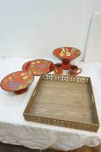 lot 20 image: earthenware serving dishes and wood serving tray