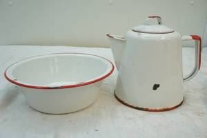 lot 323 image: vintage enamel water pitcher and bowl