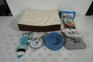Assorted Pet Products - Bed, Treats, Bowl