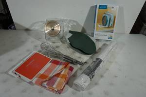 Assorted Kitchen Items - Bakeware Rack, Storage, Tablecloth