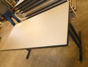 lot 20 image: TWO Nice aluminum tables with laminate top and folding legs - very sturdy - 30x60 x 29-34 tall - good condition