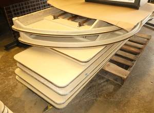 lot 36 image: SEVEN Mity-Lite folding tables (1) 24x60 (4) 24x96 (2) half moon 34x60 - all have chipped edges etc but are still very usable