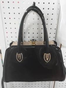 Black Patent Finish Handbag With Gem Clasp & Dust Bag