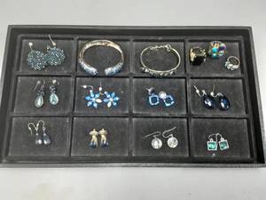 Lot Of Blue Jewelry-Rings, Bracelets, Pierced Earrings