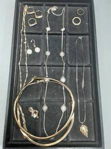 Lot Of Gold Tone Jewelry3-Michael Kors Rings & Pair Of Earrings, Ann Taylor Long Necklace & Ring, 1-Mark Jacobs Ring