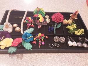 Lot Of Vintage Jewelry Wood Carved, Hand Beaded Clip Earrings (1-Marked 925)