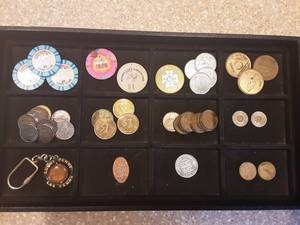 Collection Of Casino Chips, Car Wash Tokens, Laundry, Bus Tokens, Crayola, Sobriety Coins, Flat Penny, Lucky Penny Key Fob