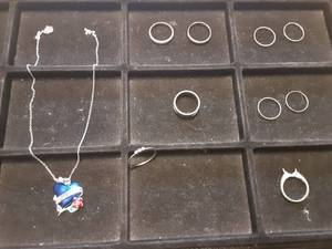 Mom Necklace-Charm & Chain Marked .925 (Needs Repair  Clasp), 1-Ring  With 3-Stones Marked 10K & 8-Other Rings