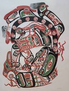 lot 98 image: Northwest Chief Tony Hunt Serigraph Raven, Man and Killer Whale