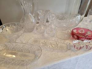lot 129 image: Collection of Cut and Pressed Glass Serving Pieces