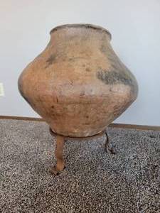lot 7 image: Antique Tarahumara Tribal Terracotta Pot with Coiled Wrought Iron Stand