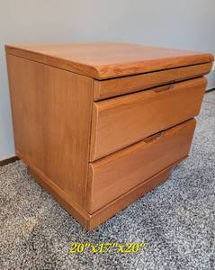 lot 223 image: Vintage 2 Drawer Teak Night Stand with Pullout Shelf