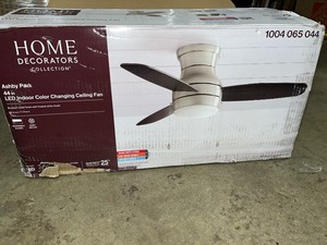 lot 29 image: Home Decorators Collection Ashby Park 44 in. White Color Changing Integrated LED Brushed Nickel Ceiling Fan with Light Kit and 3 Reversible Blades