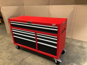 lot 4 image: Husky 52 in. W x 25 in. D Standard Duty 9-Drawer Mobile Workbench Tool Chest with Solid Wood Top in Gloss Black - has minor damage on the side - review all pictures
