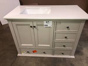 lot 22 image: Home Decorators Collection Orillia 42 in. W x 22 in. D Vanity in Greige with Marble Vanity Top in White with White Sink - small scratches - review all pictures