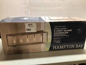 lot 41 image: Hampton Bay Boswell Quarter 34 in. 5-Light Brushed Nickel Farmhouse Linear Chandelier with Weathered Wood Accents - - good condition - review all pictures