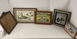 Group Of Vintage Needle Points And Hand Painted Original Duck paints