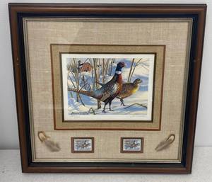 Bruce Miller Pencil Signed Pheasant Print Framed With Feather and 1993 Pheasant Habitat Stamps  One Signed BY Artist 13202500