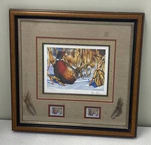 K.B. Nelson Pencil Signed Framed Pheasant Print With Feathers And 1998 Pheasant Habitat Stamps One Signed BY Artist 13202500