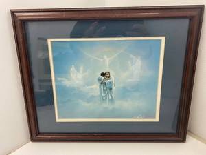 Framed Artist signed  Non-Legible Print Titled  Reunion