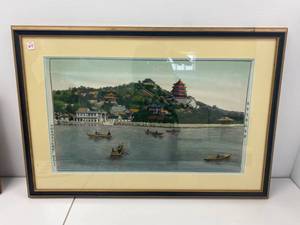 Large Framed Japanese Woven Material Landscape.