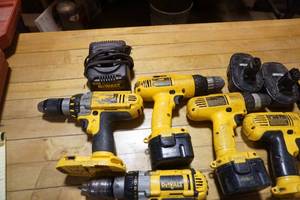 Large Lot of 8 Assorted DeWalt Cordless Drill Drivers With Batteries, Chargers and Case