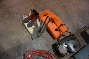 Lot with Boat Anchor, Life Jackets Buoys, and Water boots