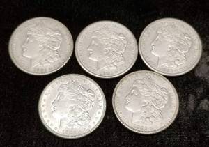 GROUP OF 5 AU-UNC US MORGAN SILVER DOLLARS AS PICTURED