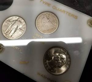 US SILVER TYPE SET OF 4 QUARTERS 1853-O 1907 1929-S 1964-D IN CAPITAL HOLDER