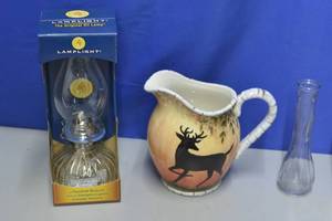 lot 43 image: Oil Lamp Deer Pitcher and Glass vase